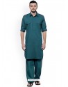 Teal Blue Readymade Designer Pathani Kurta Pajama For Men