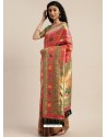 Light Red Heavy Embroidered Designer Party Wear Sari