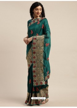 Teal Heavy Embroidered Designer Party Wear Sari