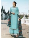 Sky Blue Muslin Satin Designer Party Wear Palazzo Salwar Suit