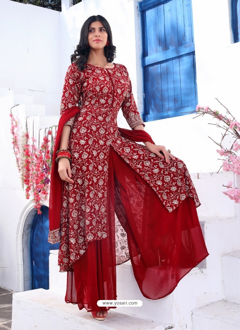 Yellow and Red Color Combination Party Wear Straight Long Suit With Dupatta  :: ANOKHI FASHION