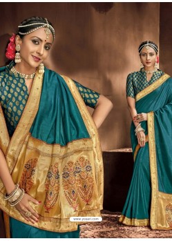 Teal Blue Designer Classic Wear Chanderi Silk Sari