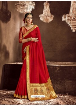 Red Designer Classic Wear Chanderi Silk Sari