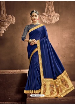 Dark Blue Designer Classic Wear Chanderi Silk Sari