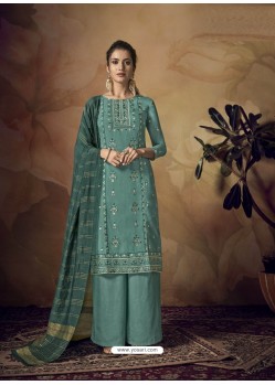 Grayish Green Muslin Silk Designer Party Wear Palazzo Salwar Suit