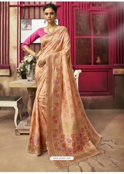 Light Orange Designer Party Wear Jacquard Silk Sari