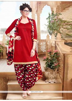 Jazzy Red Lace Work Cotton Designer Patiala Suit