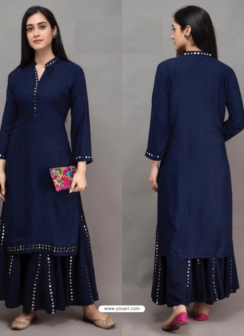 Buy Navy Blue Designer Readymade Kurti With Sharara | Party Wear Kurtis