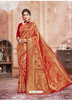 Red Designer Classic Wear Jacquard Silk Sari