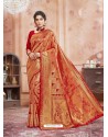 Red Designer Classic Wear Jacquard Silk Sari