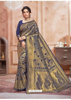 Navy Blue Designer Classic Wear Jacquard Silk Sari