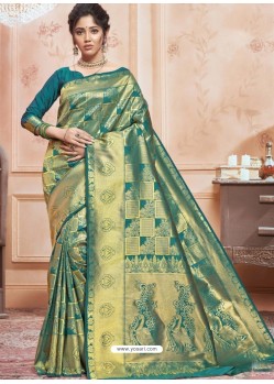 Teal Designer Classic Wear Jacquard Silk Sari