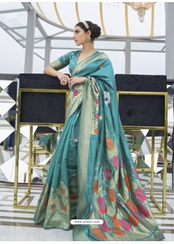 Teal Designer Classic Wear Dola Weaving Art Silk Sari