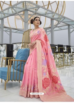 Peach Designer Classic Wear Dola Weaving Art Silk Sari