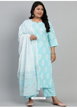 Sky Blue Designer Readymade Plus Size Kurti Palazzo With Dupatta