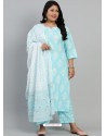 Sky Blue Designer Readymade Plus Size Kurti Palazzo With Dupatta