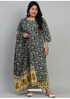 Dark Blue Designer Readymade Plus Size Kurti Palazzo With Dupatta