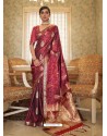 Maroon Designer Classic Wear Pure Satin Weaving Sari