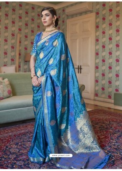 Blue Designer Classic Wear Pure Satin Weaving Sari