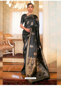 Black Designer Classic Wear Pure Satin Weaving Sari