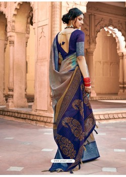 Dark Blue Designer Classic Wear Cotton Silk Sari