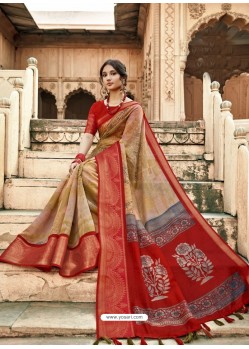 Red Designer Classic Wear Cotton Silk Sari