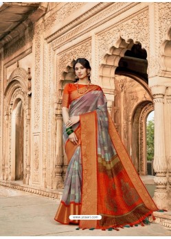 Orange Designer Classic Wear Cotton Silk Sari