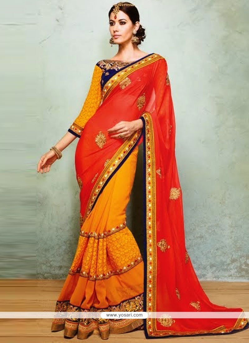 Markable Orange And Red Faux Georgette Saree