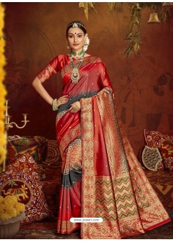 Red Designer Classic Wear Jacquard Silk Sari