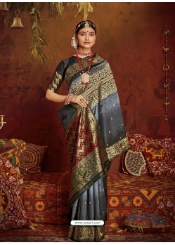 Grey Designer Classic Wear Jacquard Silk Sari