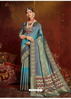 Aqua Grey Designer Classic Wear Jacquard Silk Sari