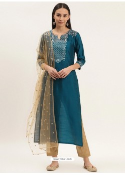 Teal Blue Designer Readymade Kurti Palazzo With Dupatta