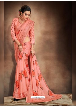 Light Red Designer Classic Wear Pure Satin Sari