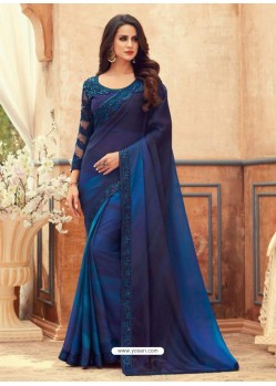 Dark Blue Designer Party Wear Chiffon Digital Print Sari