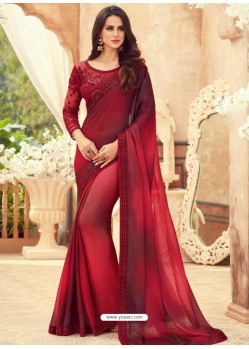 Maroon Designer Party Wear Chiffon Digital Print Sari