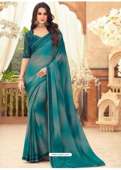 Teal Blue Designer Party Wear Chiffon Digital Print Sari