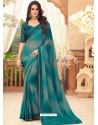 Teal Blue Designer Party Wear Chiffon Digital Print Sari