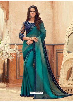 Teal Designer Party Wear Chiffon Digital Print Sari