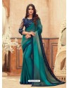 Teal Designer Party Wear Chiffon Digital Print Sari