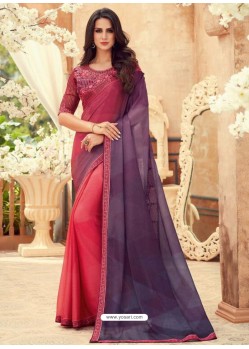 Dark Peach Designer Party Wear Chiffon Digital Print Sari