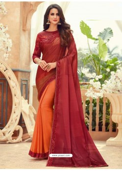 Tomato Red Designer Party Wear Chiffon Digital Print Sari