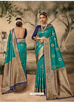 Turquoise Designer Classic Wear Silk Sari