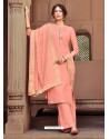 Peach Designer Viscose Muslin Party Wear Straight Suit