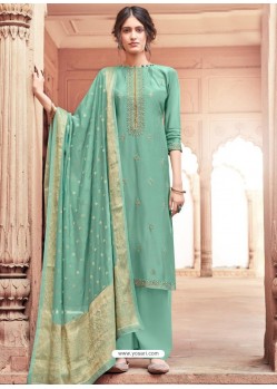 Aqua Mint Designer Viscose Muslin Party Wear Straight Suit