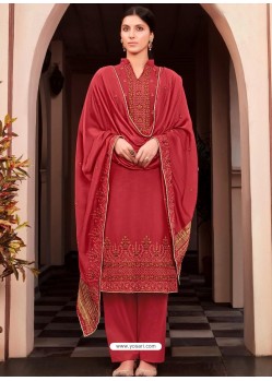 Red Designer Viscose Muslin Party Wear Straight Suit