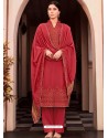 Red Designer Viscose Muslin Party Wear Straight Suit