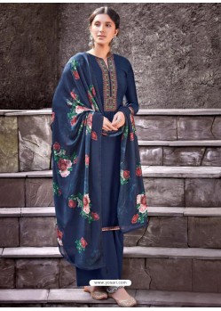 Dark Blue Designer Viscose Muslin Party Wear Straight Suit