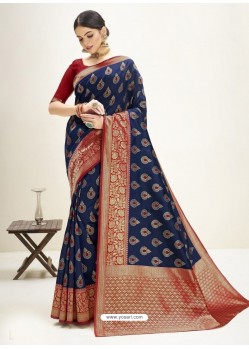 Dark Blue Designer Classic Wear Cotton Jacquard Sari