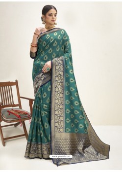 Teal Designer Classic Wear Cotton Jacquard Sari