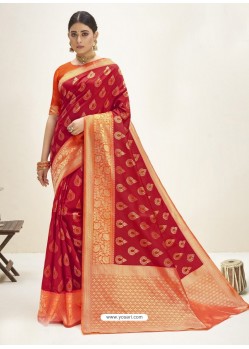 Red Designer Classic Wear Cotton Jacquard Sari